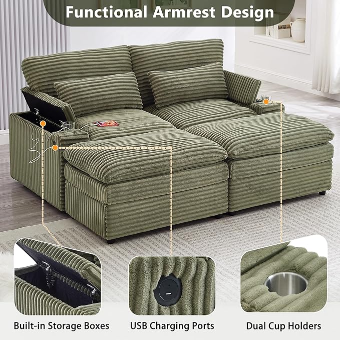 Modular Sectional Sofa Convertible Loveseat Couch,2-Seater Deep Seat Loveseat Sofas Fluffy Corduroy Cloud Couches with Movable Ottoman, Storage Armrest,USB Ports, Cup Holders