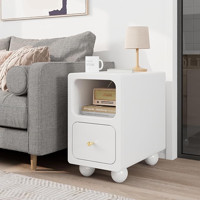 Solid Wood Night Stand, Narrow Nightstand with Drawers, White Mid Century Modern Nightstand, Small Beside Table with Open Storage Shelf for Bedroom (10 inch) - Image 9