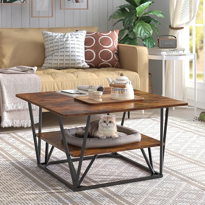 Elephance Square Coffee Table with 2-Tier Storage, 31.5 Inch Modern Tea Table for Living Room, Caramel Brown Wooden Tabletop-Almond with Black Frame