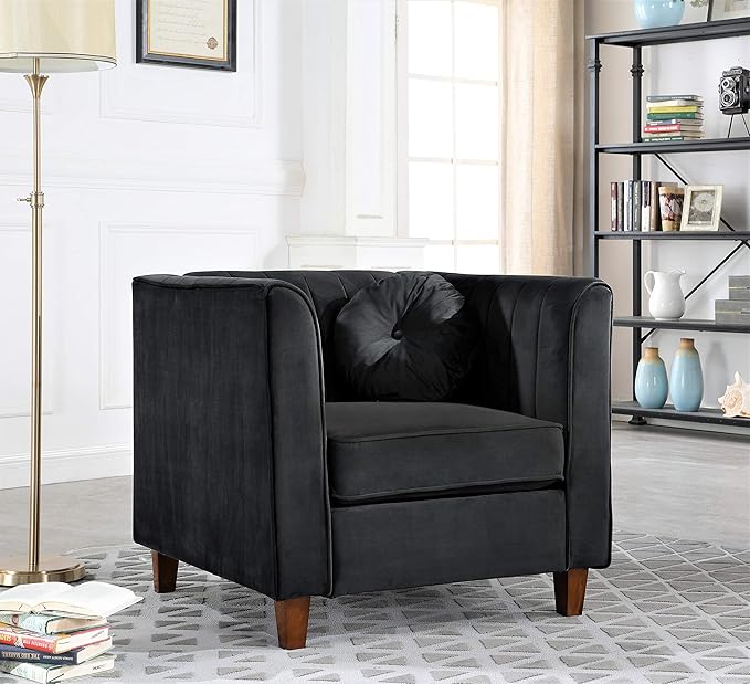 Arvilla 3 Piece Velvet Sofa Set with Bolster Pillows, Mid Century Modern Design, Chesterfield-Inspired Couch, Loveseat and Chair for Living Rooms, Midnight