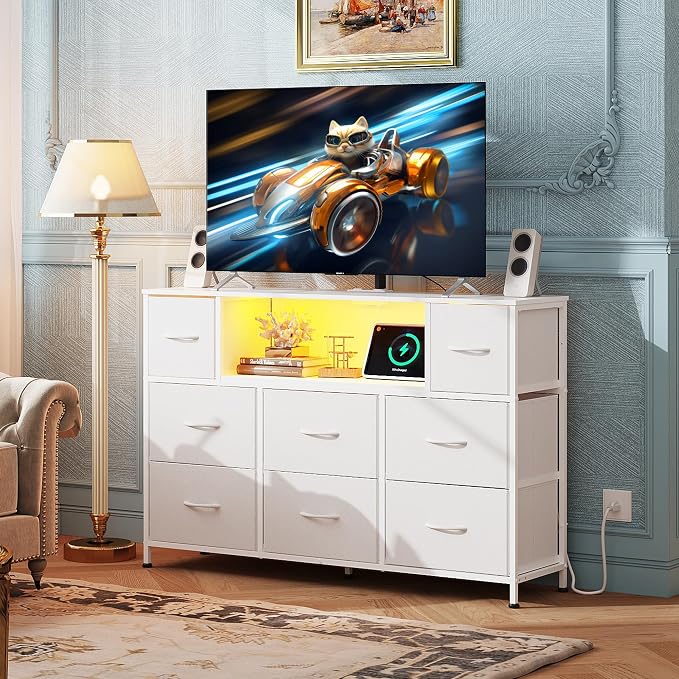 WLIVE White Dresser TV Stand for 45, 50, 55 inch TV, Entertainment Center with LED Lights & Charging Station, Chest of Drawers with 8 Fabric Drawers and Open Shelves for Living Room, Hallway, Wood Top - Image 2