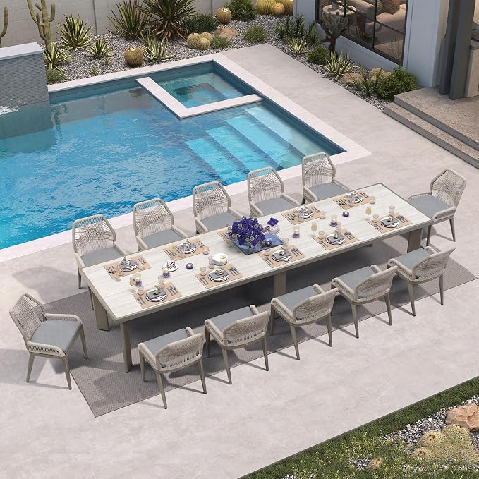 PURPLE LEAF 13 Pieces Patio Dining Set Aluminum Rectangular Table and Wicker Chairs with Cushions for Kitchen Porch Garden Modern Outdoor Furniture Sets, Light Grey - Image 2