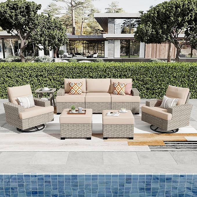ovios 8 Piece Patio Sectional Furniture with Swivel Rocking Chairs, Rattan Wicker Coversation Set with Glowing Coffee Table, Outdoor Sofa Set for Outside Porch Balcony Backyard Pool,Beige