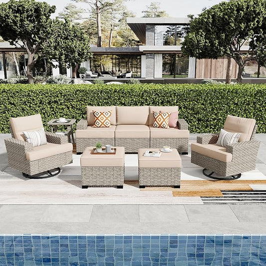 ovios 8 Piece Patio Sectional Furniture with Swivel Rocking Chairs, Rattan Wicker Coversation Set with Glowing Coffee Table, Outdoor Sofa Set for Outside Porch Balcony Backyard Pool,Beige