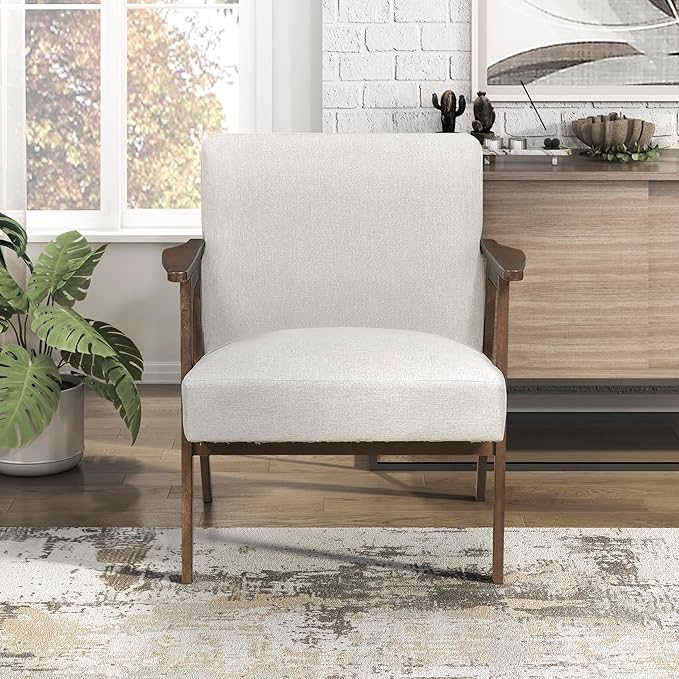 Lexicon Mid Century Modern Accent Chair, Upholstered Lounge Armchair, Single Sofa Seat, Brown Finish Solid Wood Framed Comfy Side Chairs for Living Room/Bedroom/Office/Waiting Area, Beige