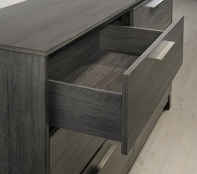 Roundhill Furniture Ioana 187 Antique Grey Finish Wood Bed Room Set, King Size Bed, Dresser, Mirror, Night Stand, Chest