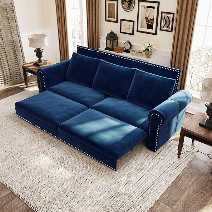 Ball & Cast 3-in-1 Convertible Sofa Bed,93.7" Velvet Pull Out Couch Bed King Size, Loveseat Sleeper Sofa with Nailhead Trim & Rolled Arm,Multi-Functional Sofa Couches for Living Room,Blue