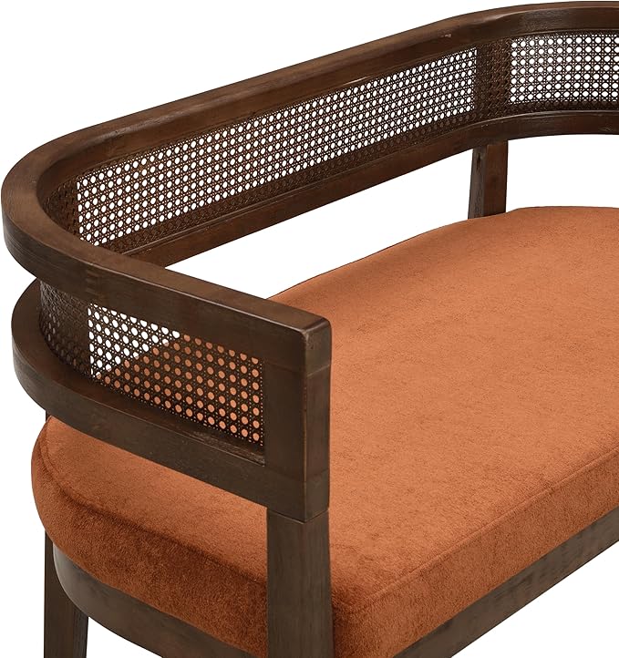 Christopher Knight Home Xiza Modern Fabric Upholstered Loveseat Sofa with Rubberwood Frame, Comfy 2-Seater Sofa Couch and Rattan Backrest, Love Seat Couches for Living Room, Dark Orange + Walnut