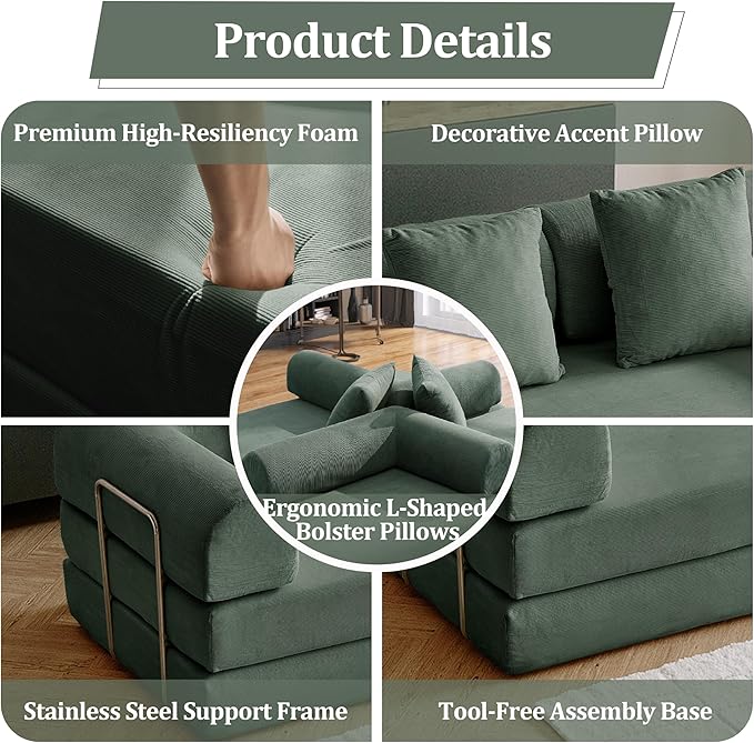 79'' Convertible Compressed Corduroy Folding Cloud Sofa Bed, 5 in 1 Modern Modular Boneless Pull Out Loveseat Sleeper in a Box, No Assembly Foldable Floor Futon Couch for Home, Green, Pillows, King