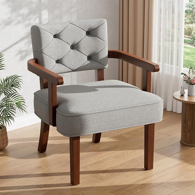 Versatile Side Arm Chair, Small Modern Accent Chair, Upholstered Wooden Armchair, Corner Chair with Arm Rest,Tufted Backrest, Cushion, for Office,Waiting/Reading/Living Room, Grey