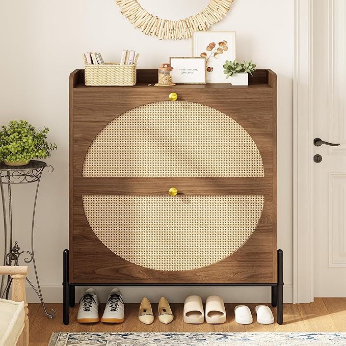 IRONCK Shoe Cabinet Storage with 2 Flip Drawers, Free Standing Wooden Shoe Storage Organizer Cabinet with Rattan Doors for Entryway, Narrow Shoe Rack Cabinet, Walnut - Image 4