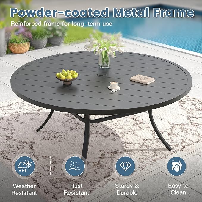 DIFY Patio Dining Set for 10, 11 Piece Outdoor Table and Chairs Set, 63" Black Round Metal Patio Dining Table and Grey Textilene Stackable Patio Chairs, for Backyard Garden Poolside - Image 4