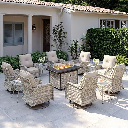 13Pcs Patio Rocking Swivel Chair with 55,000 BTU Fire Pit Table Outdoor Wicker Rattan Bistro Set with Tempered Glass Side Table, Outdoor Patio Furniture Set for Garden and Balcony, White