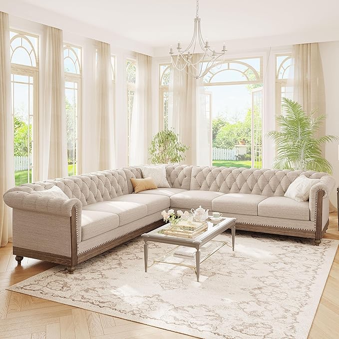 Merax Chesterfield Sofa, Retro Upholstered 6 Seater Rolled Arm Couch for Living Room Bedroom Office, Beige