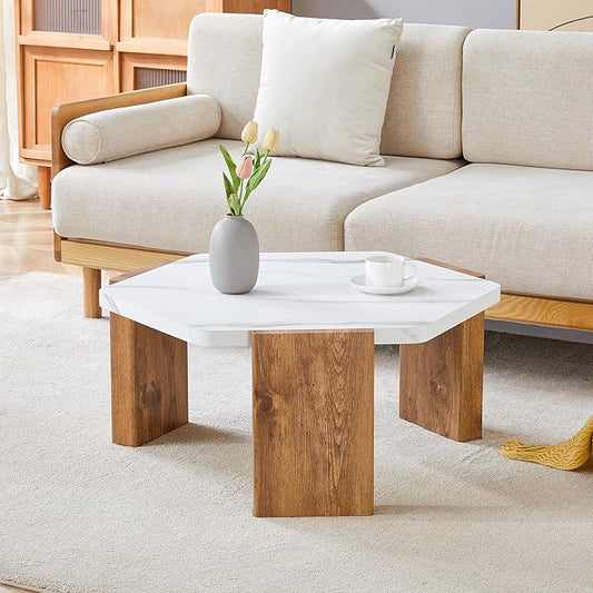31 inch Modern Coffee Table Small Hexagon Marble Top and Wood Legs, Compact Living Room Coffee Table 250lbs Capacity, Quick Assembly Nordic Style