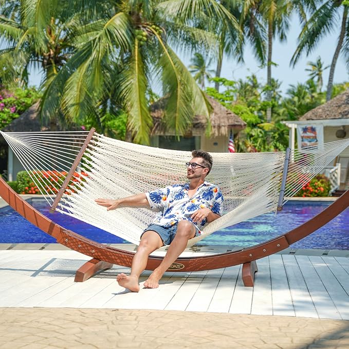 Lazy Daze Hammocks 10.5 FT Double 2 Person Caribbean Rope Hammock, Hand Woven Polyester Hammock with Spreader Bars, for Outside Outdoor Backyard Patio Poolside, 450 LBS Capacity, Cream - Image 2