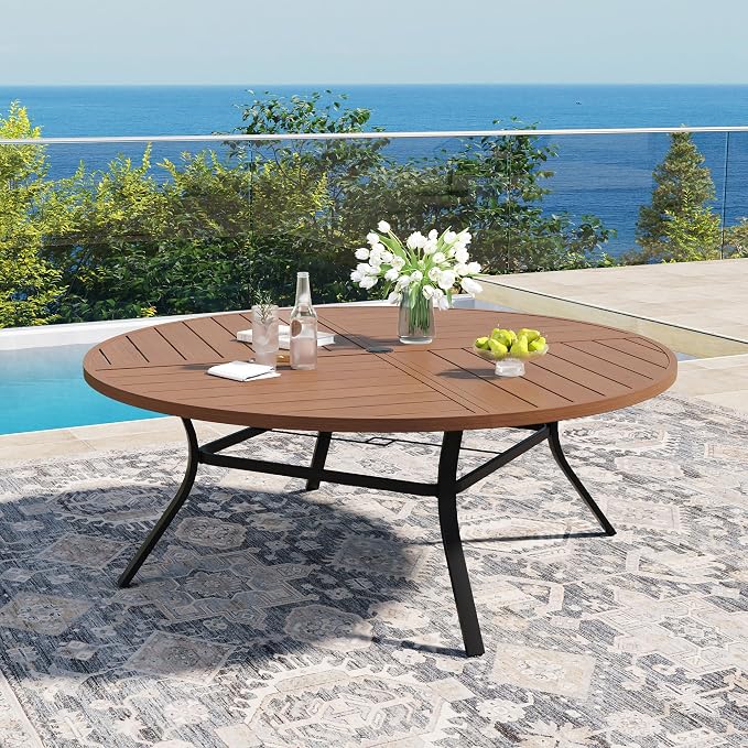 DIFY 11 Pieces Outdoor Patio Dining Set for 10, 63" Walnut Round Metal Patio Table and 10 Brown Stackable Textilene Patio Chairs, Outdoor Table and Chairs for Backyard Garden Poolside - Image 2