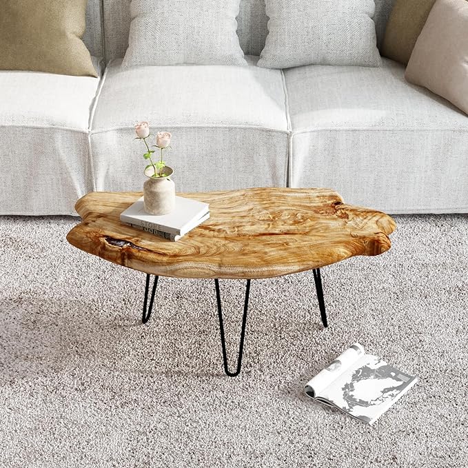 WELLAND Live Edge Cedar Wood Coffee Table Metal Hairpin Legs 32.5" W x 17" D x 16" H for Living Room, Patio, Bedroom, Home Office