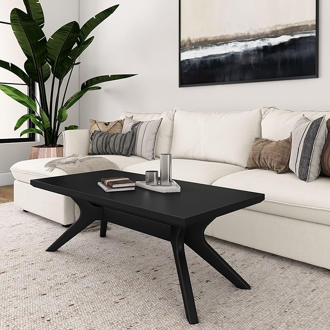 Plank+Beam Cross Leg Rectangular Coffee Table, 48 Inch Wood Coffee Table for Living Room, Modern Center Table, Cocktail Table, Black