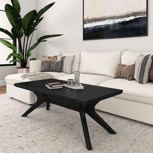 Plank+Beam Cross Leg Rectangular Coffee Table, 48 Inch Wood Coffee Table for Living Room, Modern Center Table, Cocktail Table, Black