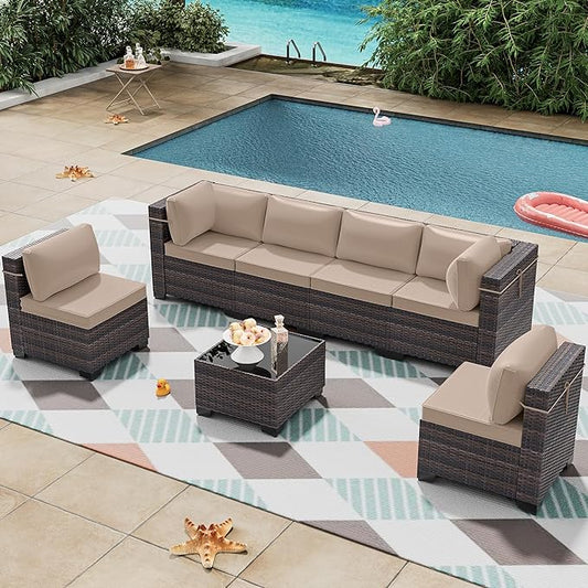 7 Pieces Outdoor Patio Furniture Set,Outdoor Sectional Furniture All Weather PE Rattan Wicker Patio Conversation Set with Coffee Table and 6 Thickened Cushions,Sand