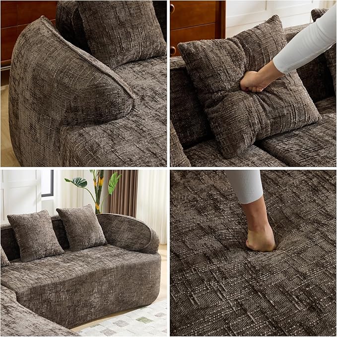 L Shaped Compression Sofa, Modular Couch with Curved Armrests & 4 Coordinating Pillows, Modern 101'' Chenille 4 Seater Sofa with Wide Seat for Living Room, Bedroom, No Assembly, Brown