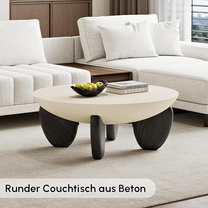 homary Round Concrete Coffee Table with Premium Walnut Ash Wood Legs, Modern Minimalist Cement Finish Center Table for Living Room (Black, 29.9" W x 29.9" D x 14.4" H)