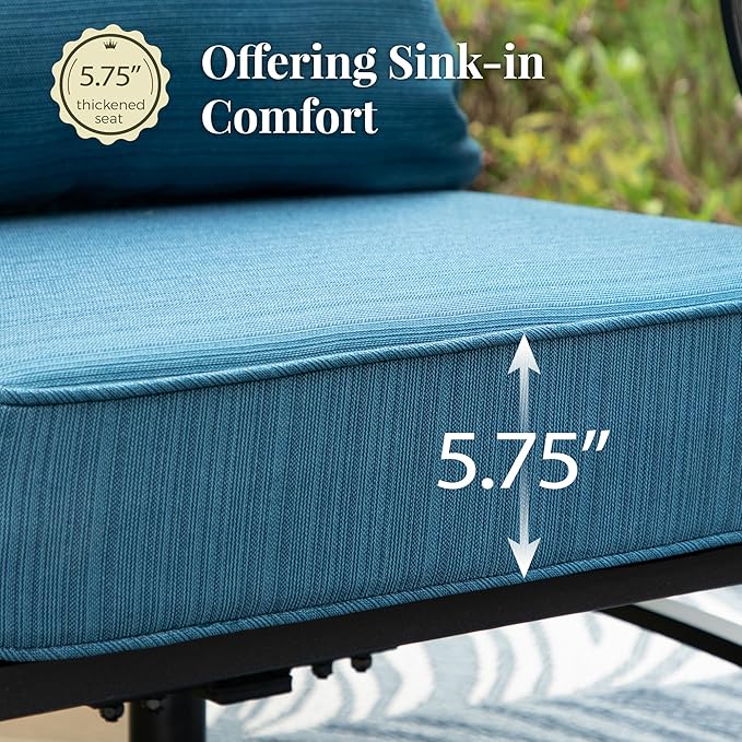 Patio Furniture Set, 6 Pcs Metal Outdoor Conversation Set, 2 Single Chairs, 2 Ottomans and 3 Seater Sofa with 5.75" Extra Thick Cushion and Gas Fire Pit Table, Gemstone Blue