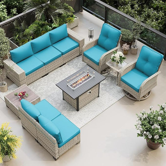 10-Piece Outdoor Patio Furniture Set with Rocking Swivel Chair, PE Wicker Rattan Sectional Sofa Patio Conversation Set with 55,000 BTU Fire Pit Table & Coffee Table, Turquoise
