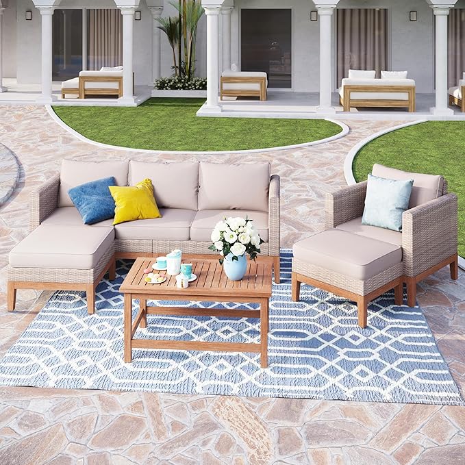 PHI VILLA All Weather Wicker Patio Furniture Sets, 5 Pieces Outdoor Natural Rattan Sectional Sofa Conversation Set with Acacia Wood Coffee Table & Waterproof Cushions, 2 Ottomans for Apartment Balcony