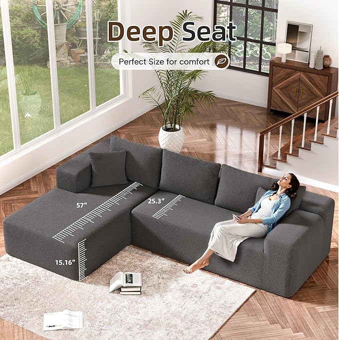 L-Shape Cloud Sectional Sofa, 104” Modern Modular Boneless Couch with Right Chaise Lounge, Compressed Floor Sofa with Pillows & Deep Seat, Flannel Velvet Couch for Living Room, Dark Gray