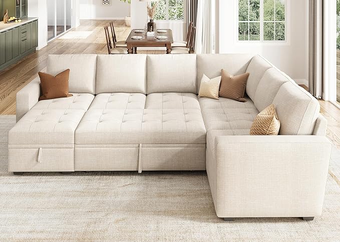 HONBAY Modular Sectional Couch with Pull Out Bed Sleeper Sofa with Storage U Shaped Modular Sectional Couches for Living Room,Mid Beige