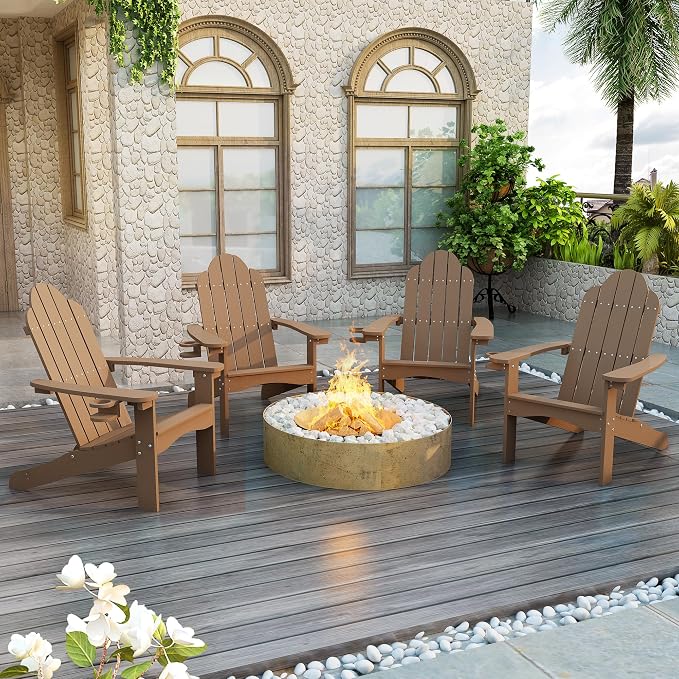 LUE BONA HDPS Adirondack Chairs Set of 2, Long-Lasting All-Season Outdoor Patio Chairs, Hidden Cup Holder, 350 LBS, Brown by LUEBONA