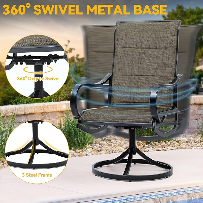DWVO 4 Set Outdoor Swivel Chairs Padded, Premium Patio Swivel Chairs with Cushioned High Back & Heavy Duty Frame, All Weather Outdoor Swivel Chairs Set of 4 for Porch Lawn Patio, Brown - Image 5
