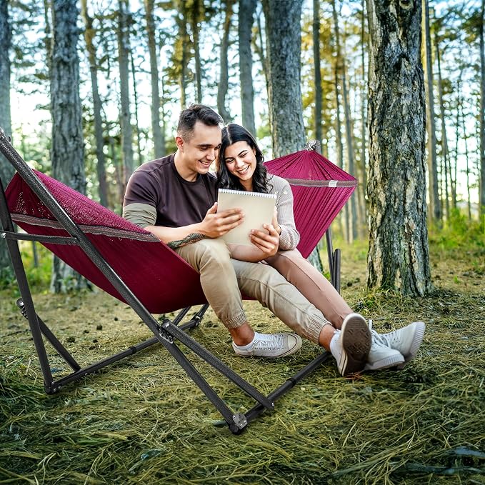 Tranquillo Universal Double Hammock with Stand Included for 2 Persons/Foldable Hammock Stand 600 lbs Capacity Portable Case - Inhouse, Outdoor, Camping, Red - Image 7