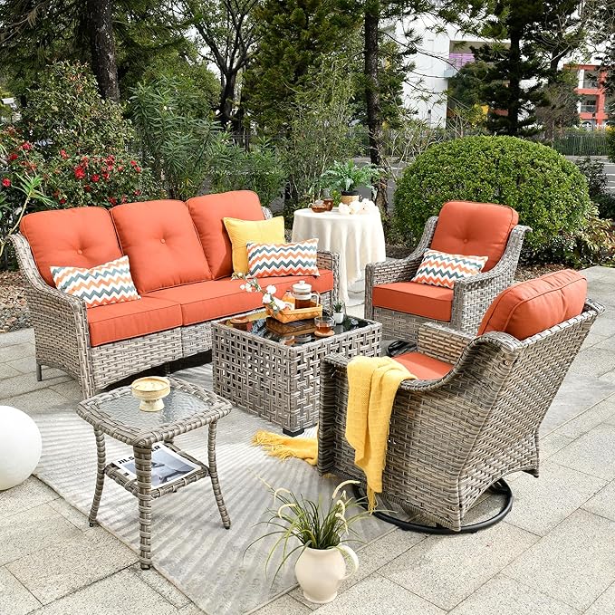 Patio Conversation Set,5 Pieces Wicker Patio Furnitures with Swivel Chair and Coffee Table,All Weather Patio Furniture Set for Garden,Backyard,Poolside and Patio,Bold Orange