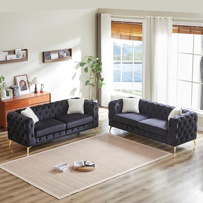 KEIKI 2-Piece Luxury Chesterfield Sofa Set with 2 Velvet 3-Seater Sofa, Mid-Century 6-Seater Tufted Buttons Couch Set with 4 Pillows & High-Density Foam Cushions, Easy Assembly, for Living Room, Black