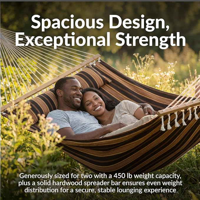 Sunnydaze Quilted Double Hammock for Outside with Spreader Bars and Pillow - 450 lb Capacity, 74x55 Inch Bed, UV Resistant, Quick Dry - Chains Included, Stand Sold Separately - Woodland Stripe - Image 4
