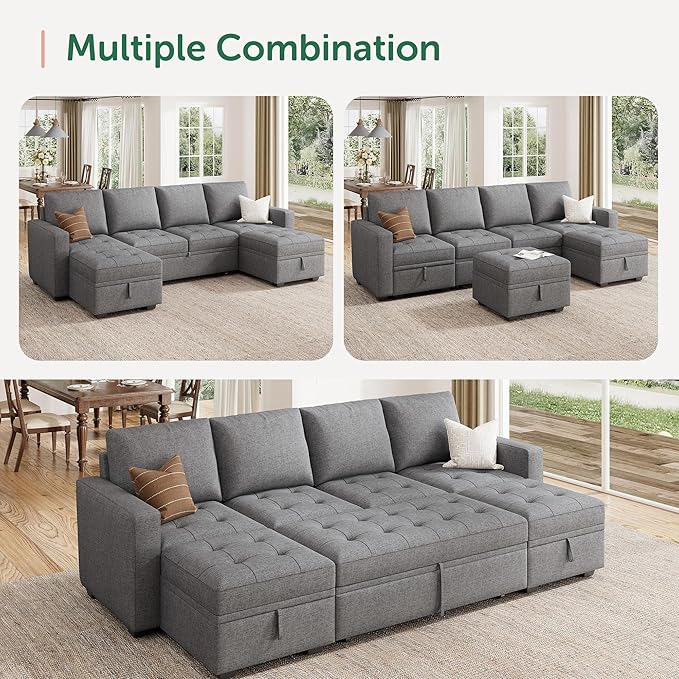 HONBAY Modular Sectional Sleeper Sofa with Pull Out Bed, Linen Convertible L Shaped Couch with Storage Seat, Sectional Couches for Living Room, Grey