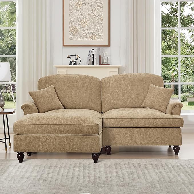 KEIKI Mid Century Modular Sofa with Flared Arms and Skirted Design, 76" Loveseat with Ottoman Chenille L-Shaped Sectional Couches for Living Room, Comfortable Chaise Lounge Indoor, Light Coffee
