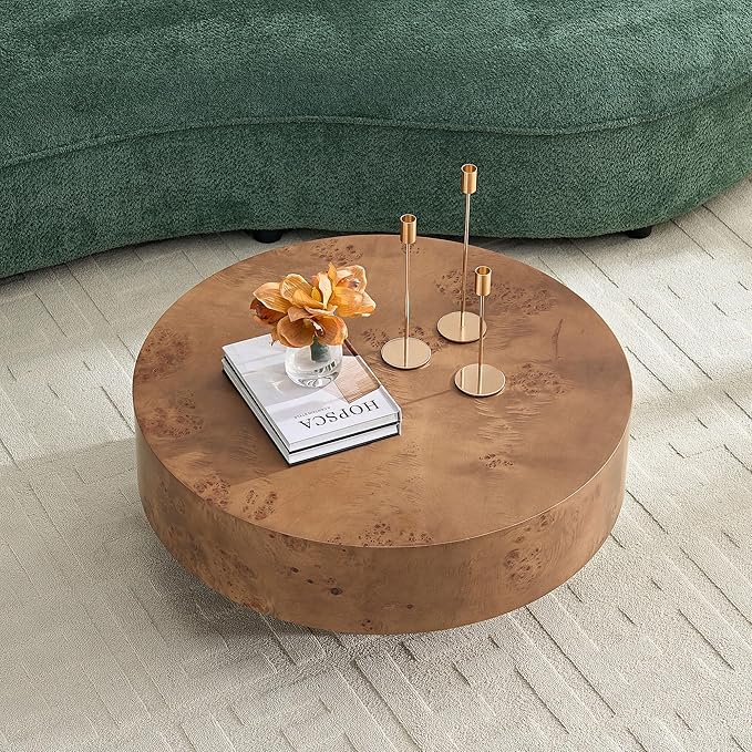 Round Coffee Table for Living Room,31.49" Modern Circle Drum Center Table with Burl Wood Veneer & Sturdy Pedestal,Small Wooden Circular Coffee Table for Apartment,Easy Assembly (Walnut)