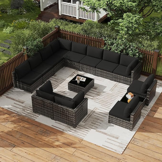 KIGOTY Patio Furniture Set,14 Pieces Modular Outdoor Sectional Sofa, PE Rattan Patio Conversation Set, All Weather Wicker Patio Furniture with Cushions and Coffee Table(Beige Black/Black)