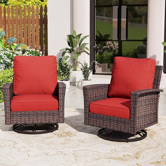 Patio Wicker Swivel Chairs Set of 2, Outdoor High Back Chairs with 5.5" Waterproof Cushions, Outdoor Furniture Set for Deck Porch and Yard, Red