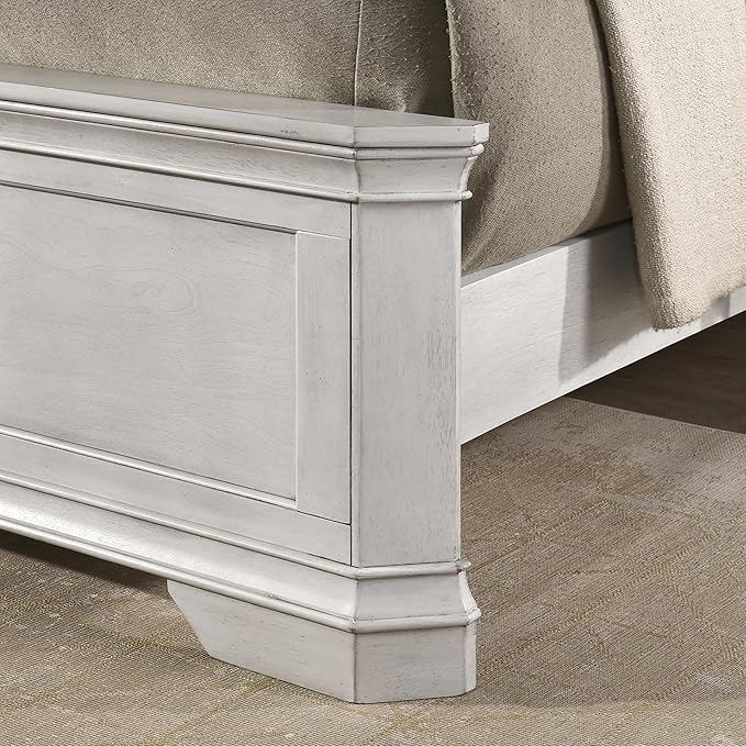Roundhill Furniture Maderne Wood Panel Bed with Two Nightstand, Queen, Antique White Finish