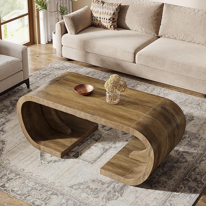 Tribesigns Farmhouse Coffee Table, 47" Heavy Duty C-Shaped Center Table with Curved Base, Large Tea Table for Living Room, Entertainment Room, Home Office, Rustic Brown