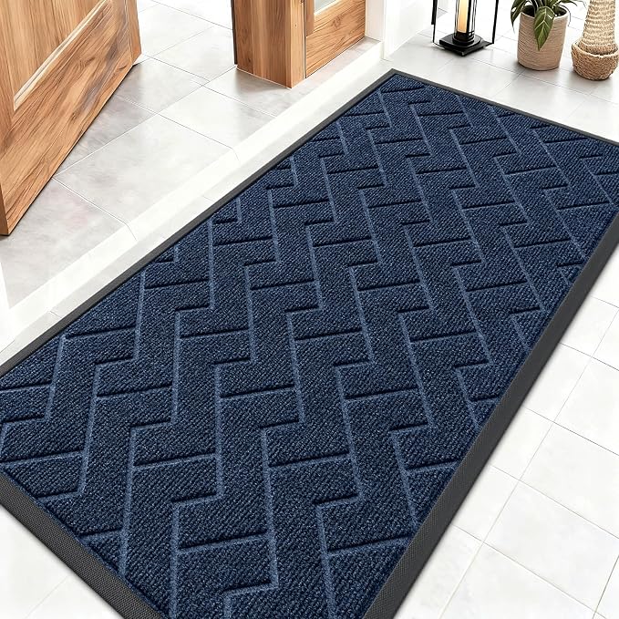 OLANLY Front Door Mat Indoor Outdoor Entrance, Waterproof All-Season, All-Weather Doormat, Sturdy Natural Rubber, Low Profile, Easy Clean Patio Porch Entryway Mat, Herringbone Brick (Blue, 47x23) by OLANLY