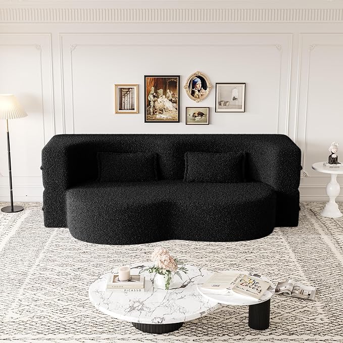 Ball & Cast 78" Floor Sofa Bed with 2 Pillows,Convertible Teddy Fabric Foam-Filled Sleeper Sofa Bed,Pull Out Couch Full Size Folding Mattress for Living Room,Playroom,No Assembly Required,Black