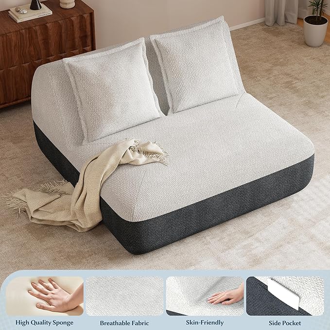 Hobestluk Small Couches for Small Spaces,42” Mini Loveseat Sofa 2-Seater Armless Sofa Chair with Side Pocket for Living Room,Bedroom,Dorm,Office (Grey+Beige)