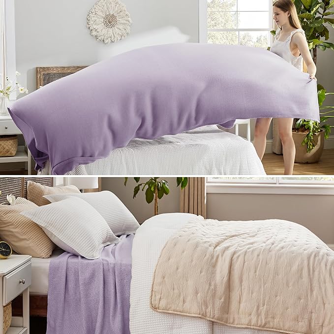 Bedsure GentleSoft 100% Cotton Blanket Queen Size for Bed - Breathable and Lightweight, Soft Cozy Textured Herringbone Woven Blanket for Summer, Light Purple, 90x90 inches