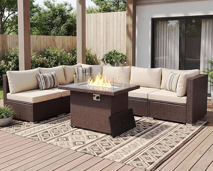 BULEXYARD 7 Pcs High Back Patio Furniture Set with Fire Pit Table Propane/Natural Gas Dual Fuel, All-Weather Outdoor Sectional Couch, Comfy Backyard Seating for Exterior, Brown Wicker & Beige Cushion
